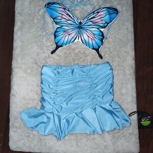 Butterfly Print Blue Strap Top with Light Blue Ruched Skirted Bottom